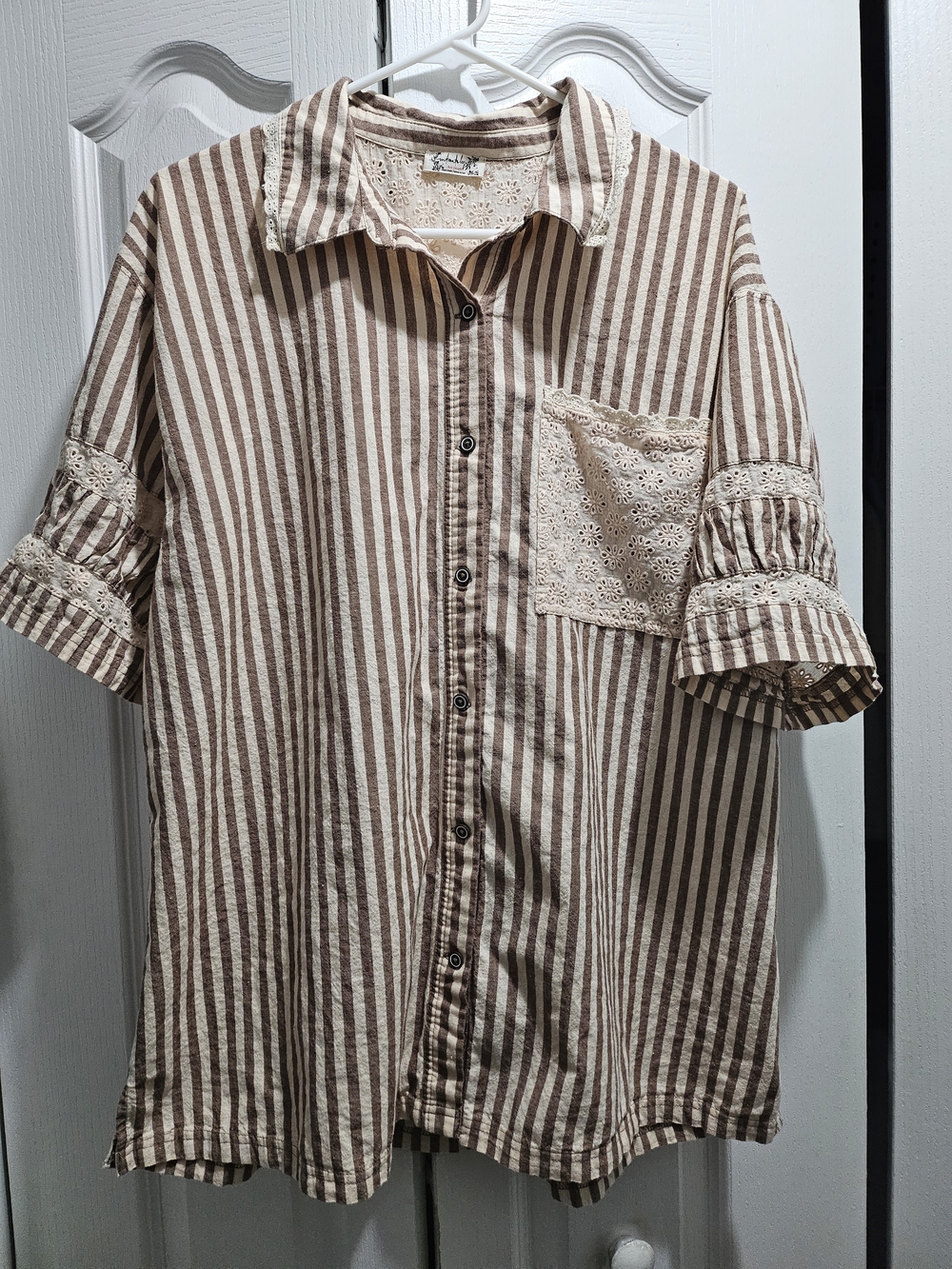 Free People Cream & Brown Striped Eyelet Blouse